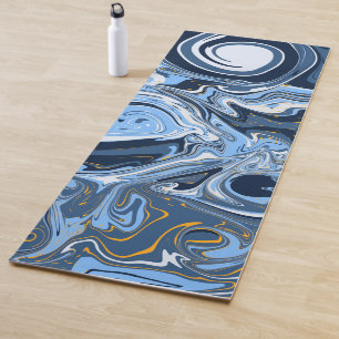 Tapete De Yoga Azul, branco e Dourado Marble Swirls Arte Fluida