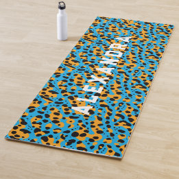 Tapete De Yoga Azul e Laranja na Moda Padrão de Leopardo e Nome