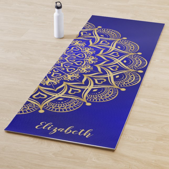Tapete De Yoga Azul Escuro Elegante e Mandala Dourado Monograma (In Situ)
