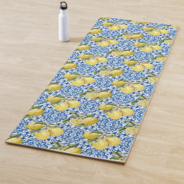 Tapete De Yoga Azulejo Azul Branco com Padrão de Limão Mediterrân