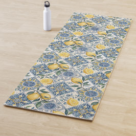 Tapete De Yoga Azulejo Azul Francês País Aquarela Limão