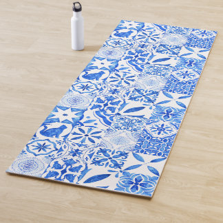 Tapete De Yoga Azulejos mediterrâneos azuis vintage