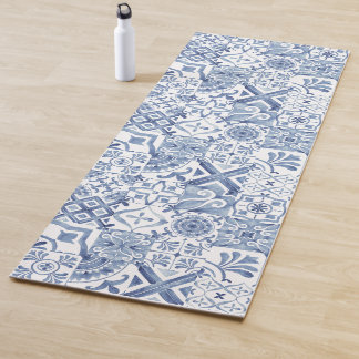 Tapete De Yoga Azulejos vintage do Mediterrâneo azul