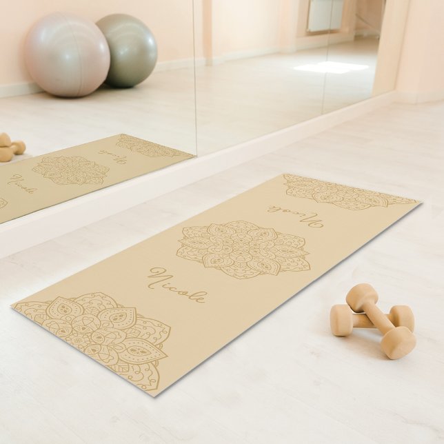 Tapete De Yoga Beige Beautiful Mandala With Custom Name (Disclaimer: This image is a digital mockup.)