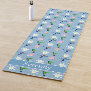 Tapete De Yoga Beija-flores e Flores Lindos em Azul Claro