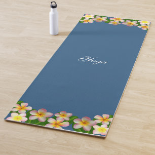 Tapete De Yoga Belas Flores de Plumeria em Azul Prêmio