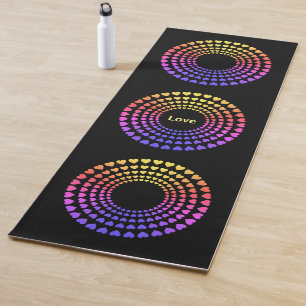 Tapete De Yoga Belo Mandala de Coração Multicolorido em Preto