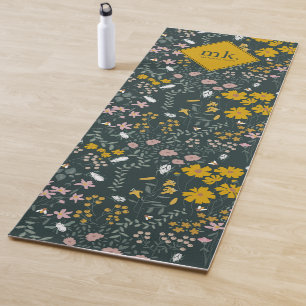 Tapete De Yoga Besouros Florais de Mostarda e Abelhas Flores Boêm