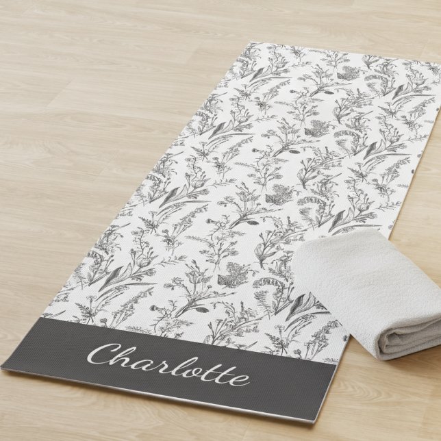 Tapete De Yoga Black White Toile Floral Pattern Custom Name (black and white minimalist toile pattern stemless yoga mat with custom name for gift for her)