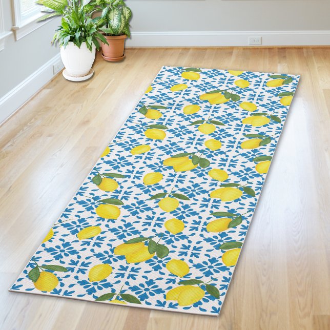 Tapete De Yoga Blue French Country Tile Lemons Pattern (Criador carregado)