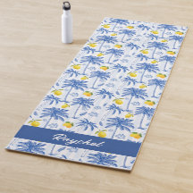 Blue Toile Palm Trees Lemons Monogram Name