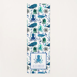 Tapete De Yoga Blue Watercolor Sob As Crianças De Octopus Marít