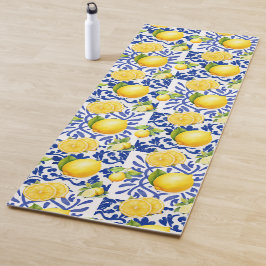 Tapete De Yoga Blue White Lemon Tile Pattern Mediterranean Citrus