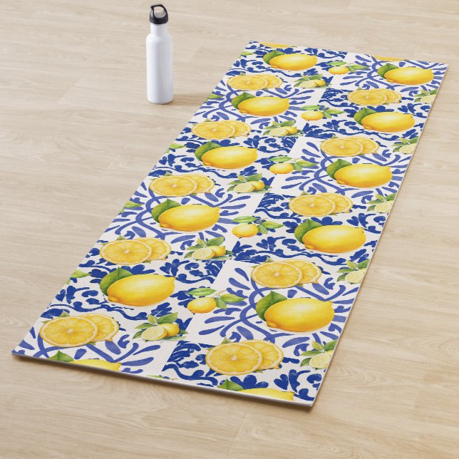 Tapete De Yoga Blue White Lemon Tile Pattern Mediterranean Citrus (In Situ)
