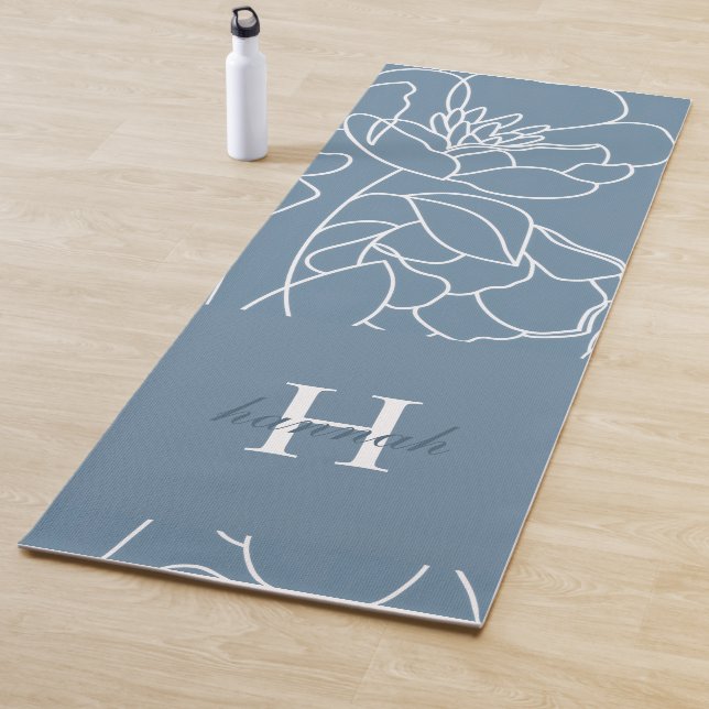 Tapete De Yoga Blue Wildflower Line Art Custom Monogram Name (In Situ)