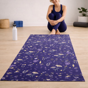 Tapete De Yoga Boho Aguarela Flores Silvestres Azul Marinho