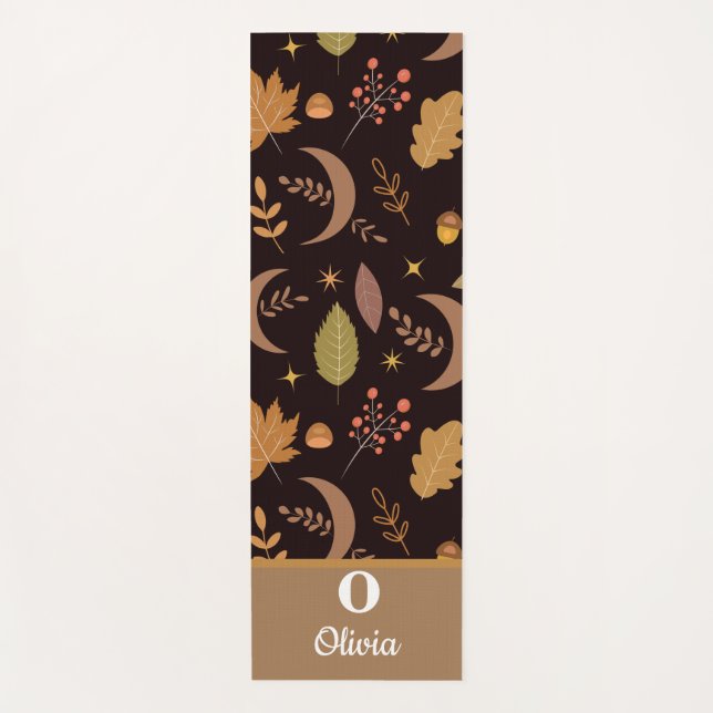 Tapete De Yoga Boho Moon com monograma de folhas de outono  (Frente)