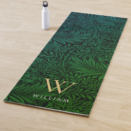 Tapete De Yoga Boho Verde Nome Monograma Botânico Dourado