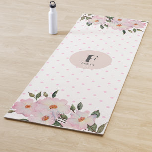 Tapete De Yoga Bolinhas Monograma de Rosas Cor-de-Água Rosa