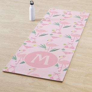 Tapete De Yoga Bonita Girly Flamingo e Bikini Monograma Rosa