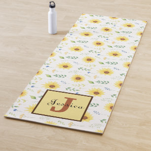 Tapete De Yoga Bonito Monograma Floral de Girassol Amarelo