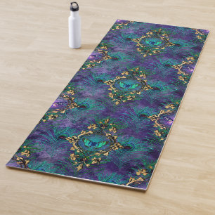 Tapete De Yoga Borboleta Azul Roxa Luxo Luxuoso Penas de Pavão
