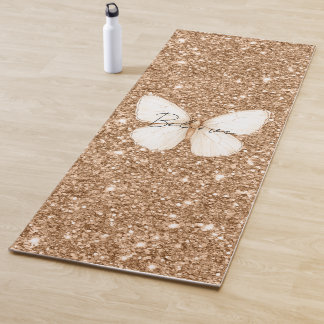 Tapete De Yoga Borboleta Branca Brilho Falso Dourado