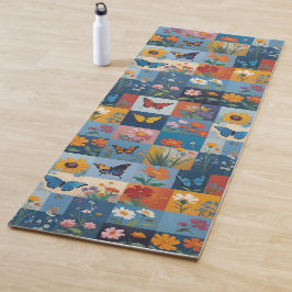 Tapete De Yoga Borboletas Coloridas e Flores Silvestres em Patchw