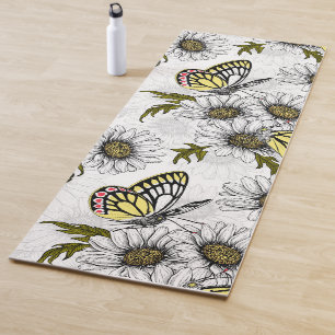 Tapete De Yoga Borboletas de Jezebel e flores margaridas em branc