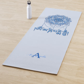 Tapete De Yoga Budismo Mani Mantra em Azul com Mandala