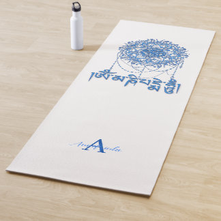 Tapete De Yoga Budismo Mani Mantra em Azul com Mandala