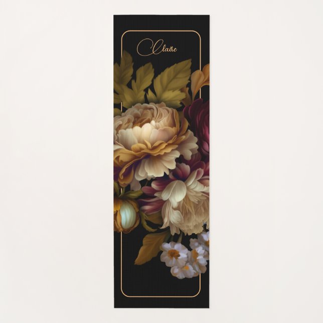Tapete De Yoga Buquê Floral Velho Escuro com Nome (Frente)