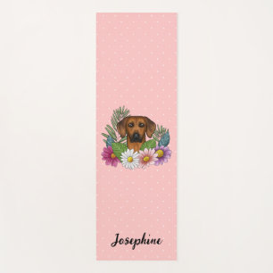 Tapete De Yoga Cão Ridgeback da Rodésia com Flores e Nome Rosa