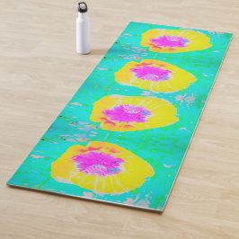 Tapete De Yoga Cápsula amarela com centro rosa quente em turquesa