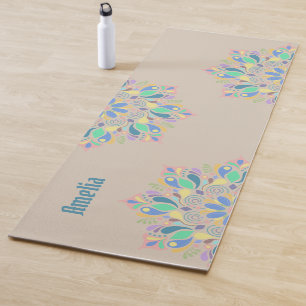 Tapete De Yoga Castanho Pastel Zen Flor Watercolor Mandala
