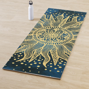 Tapete De Yoga Celestial Blue Dourado Mandala Sun
