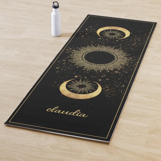 Tapete De Yoga Celestial Gold Black Sun Moon Phase Personalized  (In Situ)