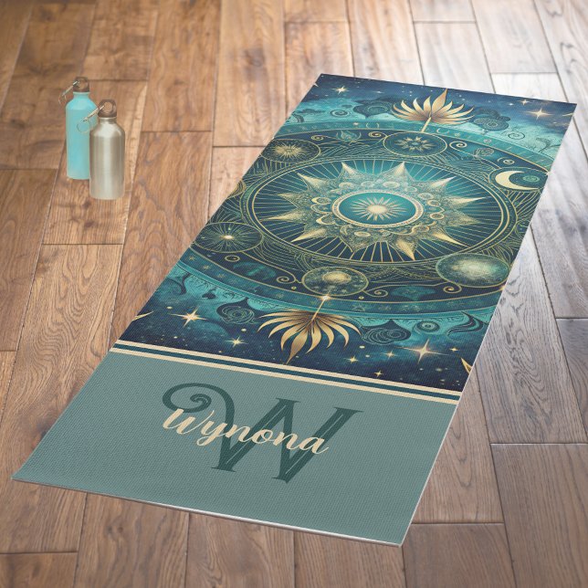 Tapete De Yoga Celestial Mandala Moon Galaxy Teal Monograma Doura (Criador carregado)