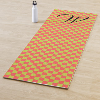 Tapete De Yoga Checkboard Verde Amarelo e Rosa claro Monograma