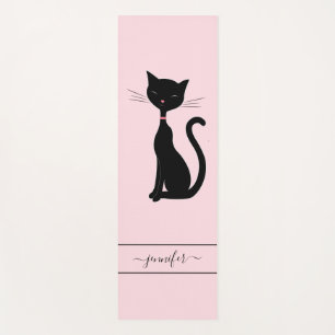 Tapete De Yoga Chic Black Cat Personalizado Nome Rosa
