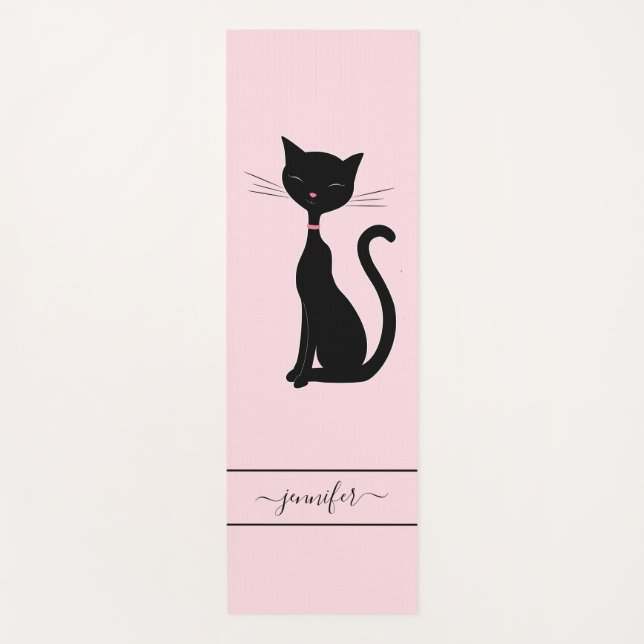 Tapete De Yoga Chic Black Cat Personalizado Nome Rosa (Frente)