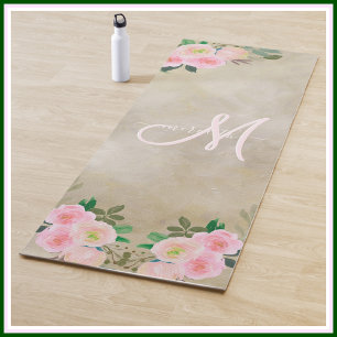 Tapete De Yoga Chic Cream Floral Personalizado Monograma