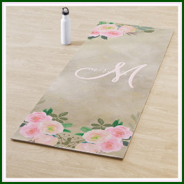 Tapete De Yoga Chic Cream Floral Personalizado Monograma