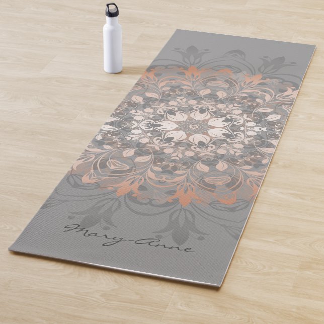Tapete De Yoga Cinza Dourada rosa Floral Mandala Monograma (In Situ)