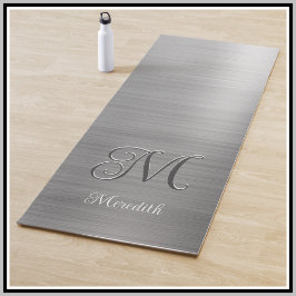 Tapete De Yoga Cinza Monograma Personalizado Chic com Script Metá