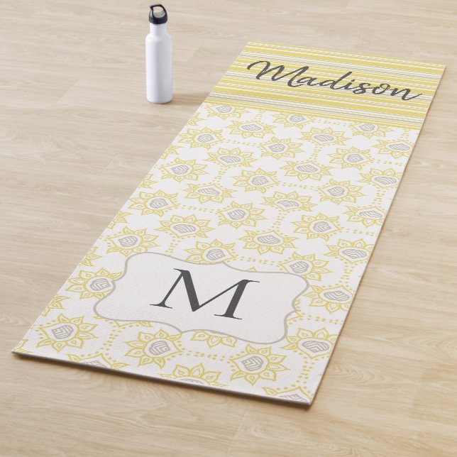 Tapete De Yoga Cinzas Amarelas Stripes Bebês Trendy Monograma Yog (In Situ)