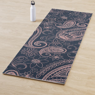 Tapete De Yoga Clássica Rosa azul Dourada com brilho Paisley Flo