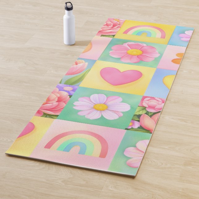 Tapete De Yoga Colorful Trendy Floral Checkerboard Pattern (In Situ)