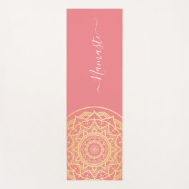 Tapete de Yoga com Mandala Dourada e Coral Rosa Na