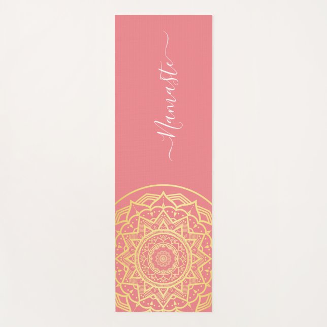 Tapete de Yoga com Mandala Dourada e Coral Rosa Na (Frente)
